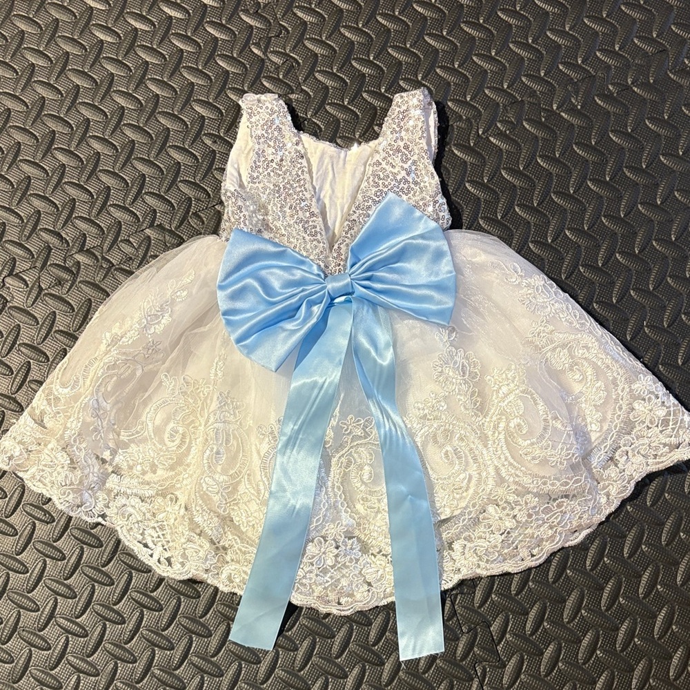 Elegant White Lace Dress with Blue Bow